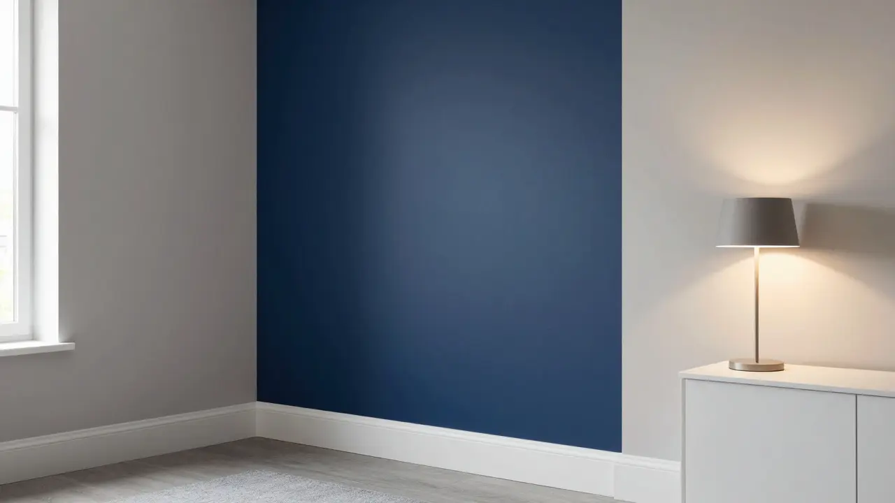 Modernes Zimmer mit einer dunkelblauen Akzentwand und neutralen grauen Wänden.