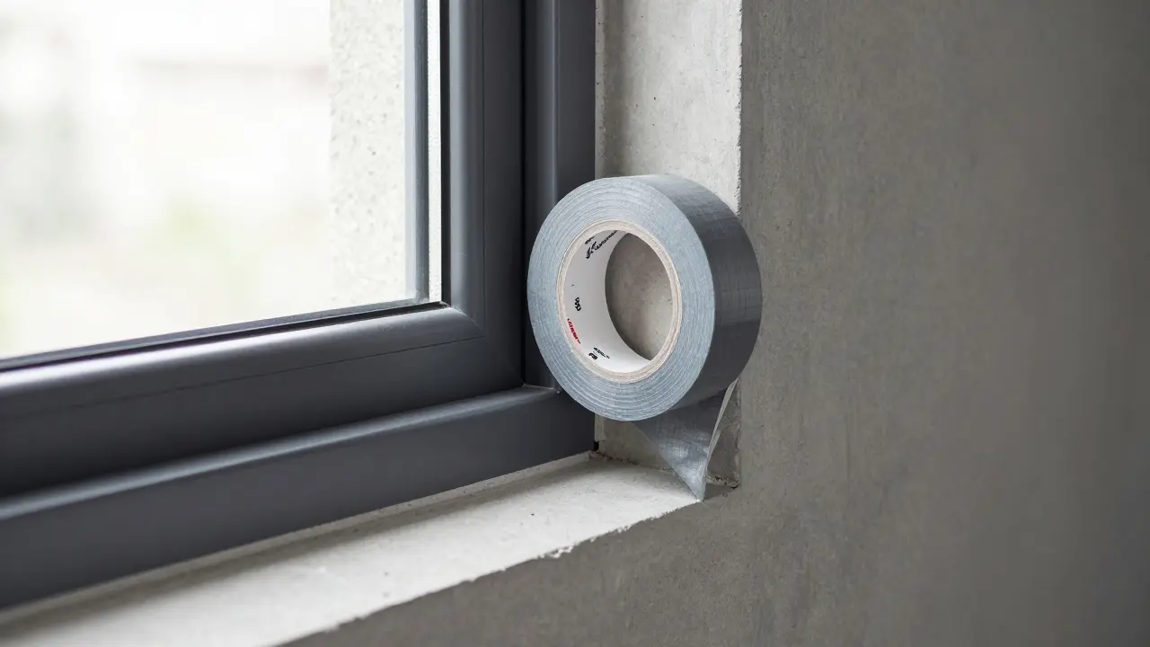 Nahaufnahme eines expandierenden Kompribandes an einem modernen Fensterrahmen in der Maueröffnung.