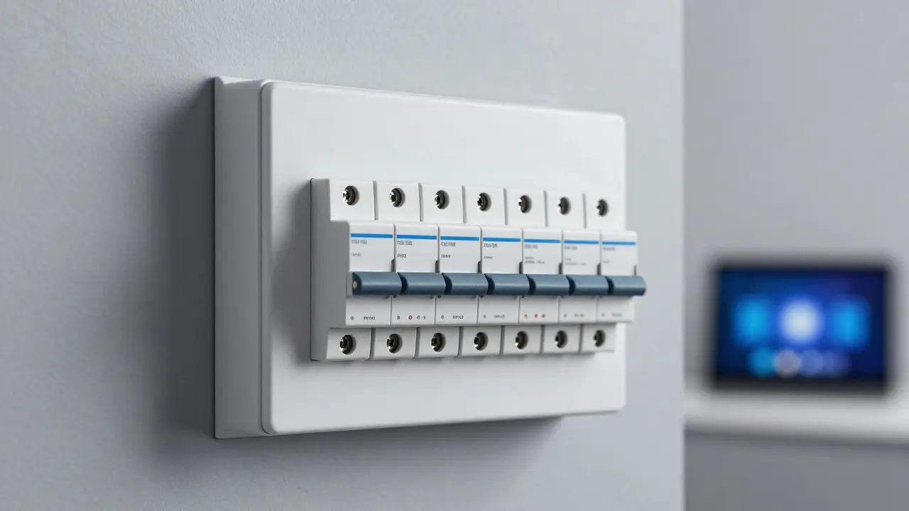 Nahaufnahme eines modernen Sicherungskastens mit ordentlich angeordneten Leitungsschutzschaltern.