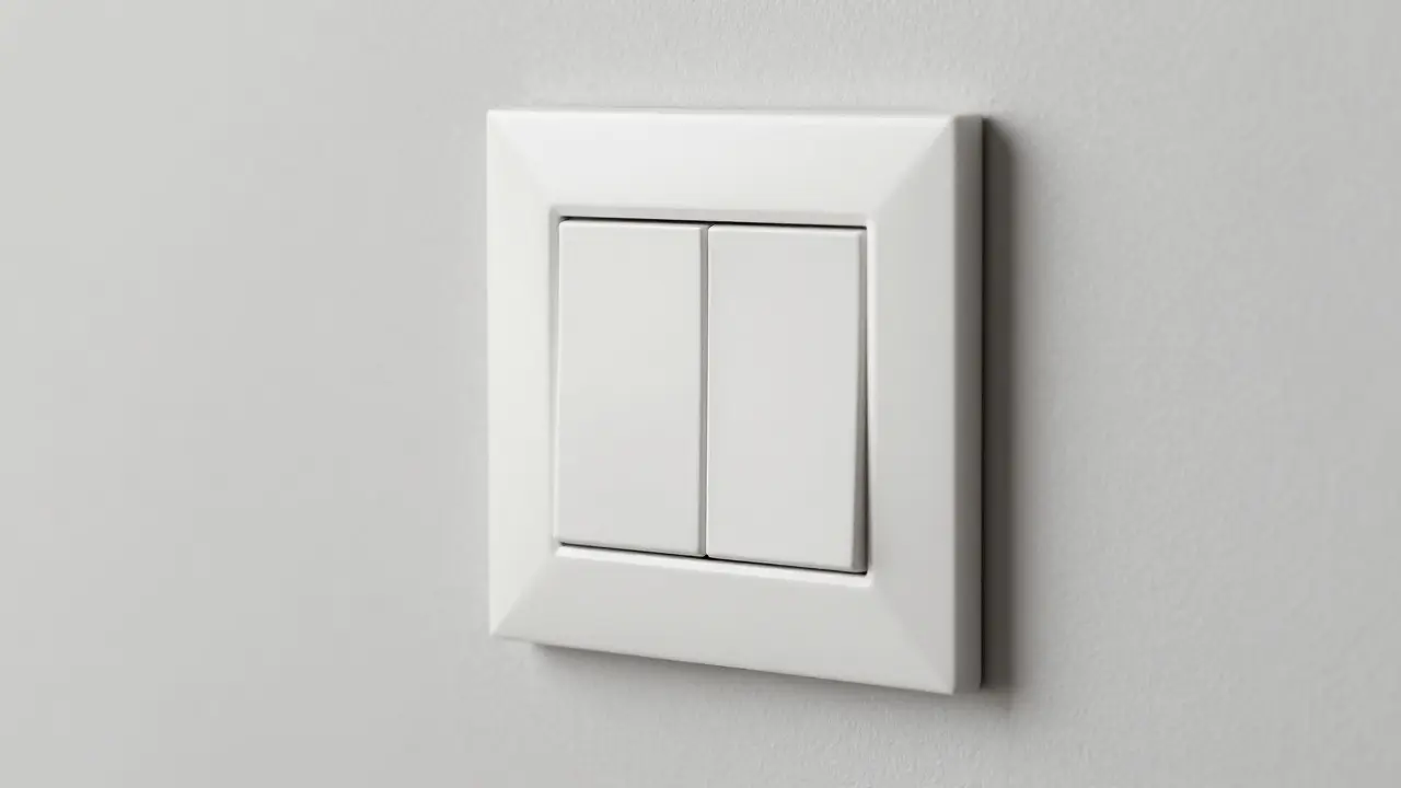 Nahaufnahme eines weißen Lichtschalters mit eleganter Schattenfuge an der Wand.