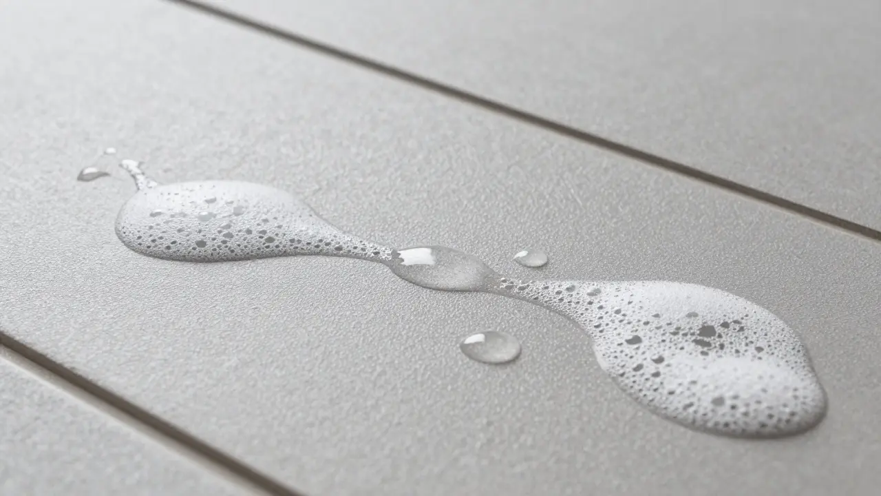 Nahaufnahme rutschhemmiger R11-Fliesen mit Wassertropfen zur Demonstration der Griffigkeit.