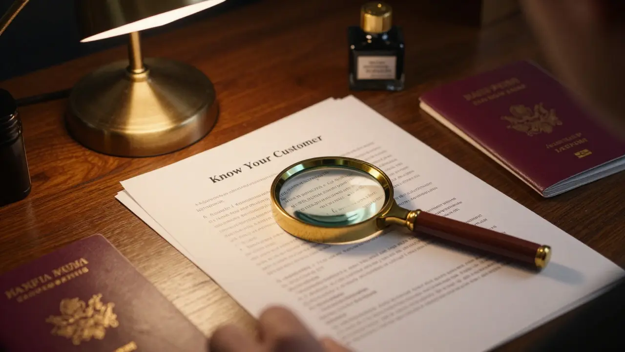 Notar schaut mit Lupe auf Dokumente und Pässe zur Prüfung des wirtschaftlichen Berechtigten.