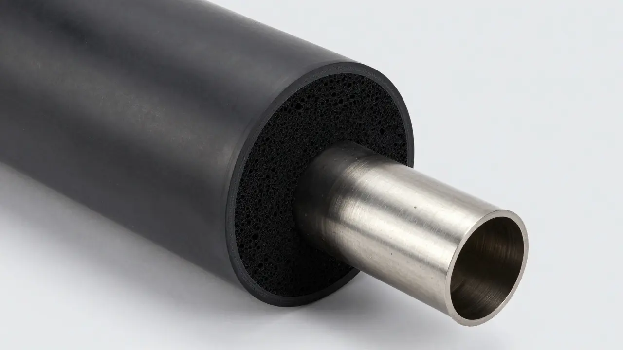 Querschnitt einer schwarzen Kautschuk-Rohrdämmung mit 20 mm Dicke.