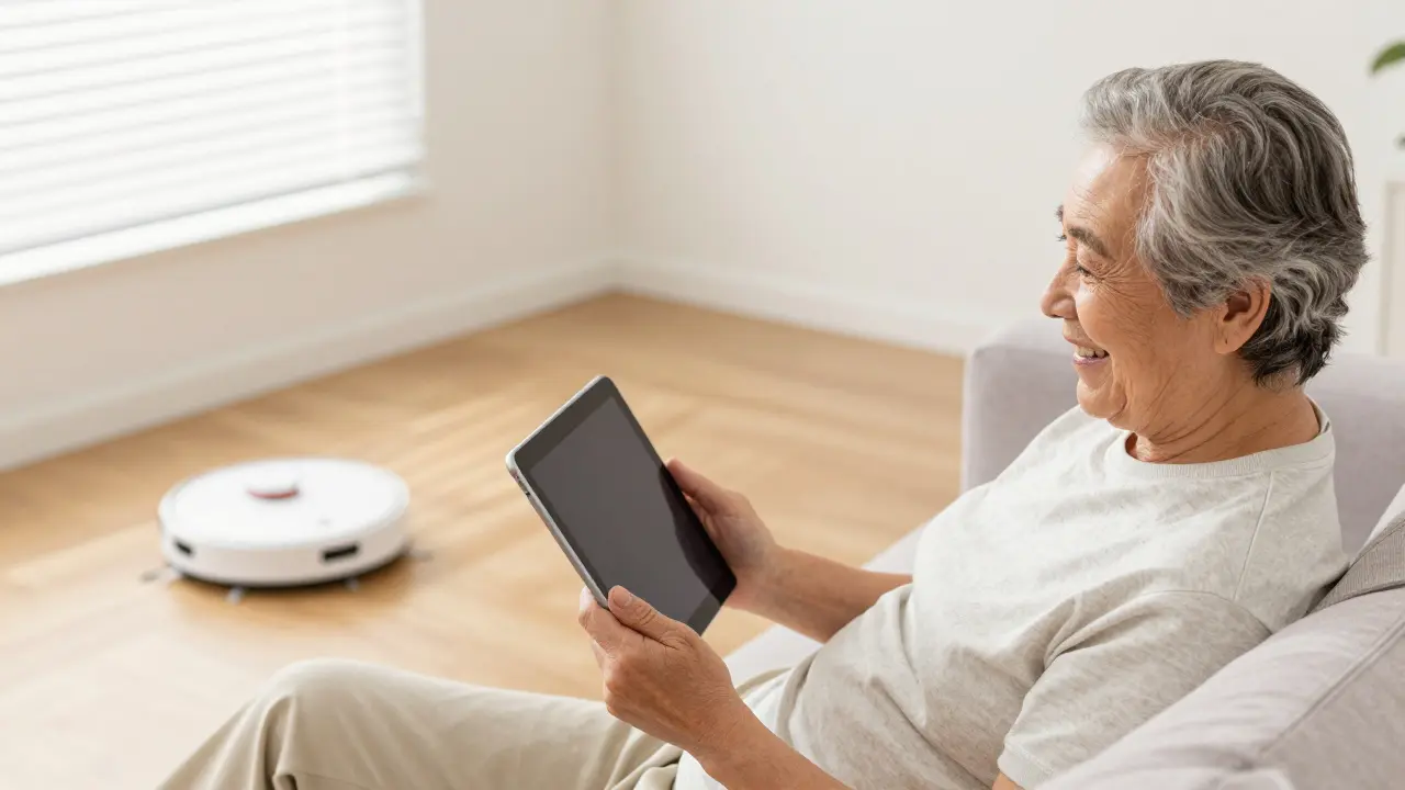 Seniorendame entspannt auf dem Sofa, während ein Saugroboter die Wohnung reinigt.
