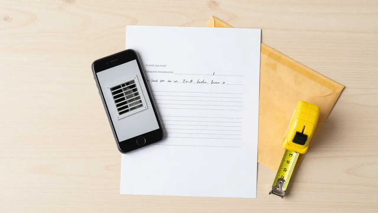 Smartphone mit Foto eines Mangels, Brief und Postumschlag auf einem Tisch.