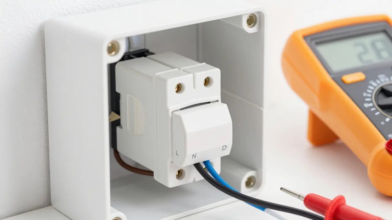 Technischer Nahaufgang eines Dimmers mit L, N und D Kabeln in einer Unterputzdose