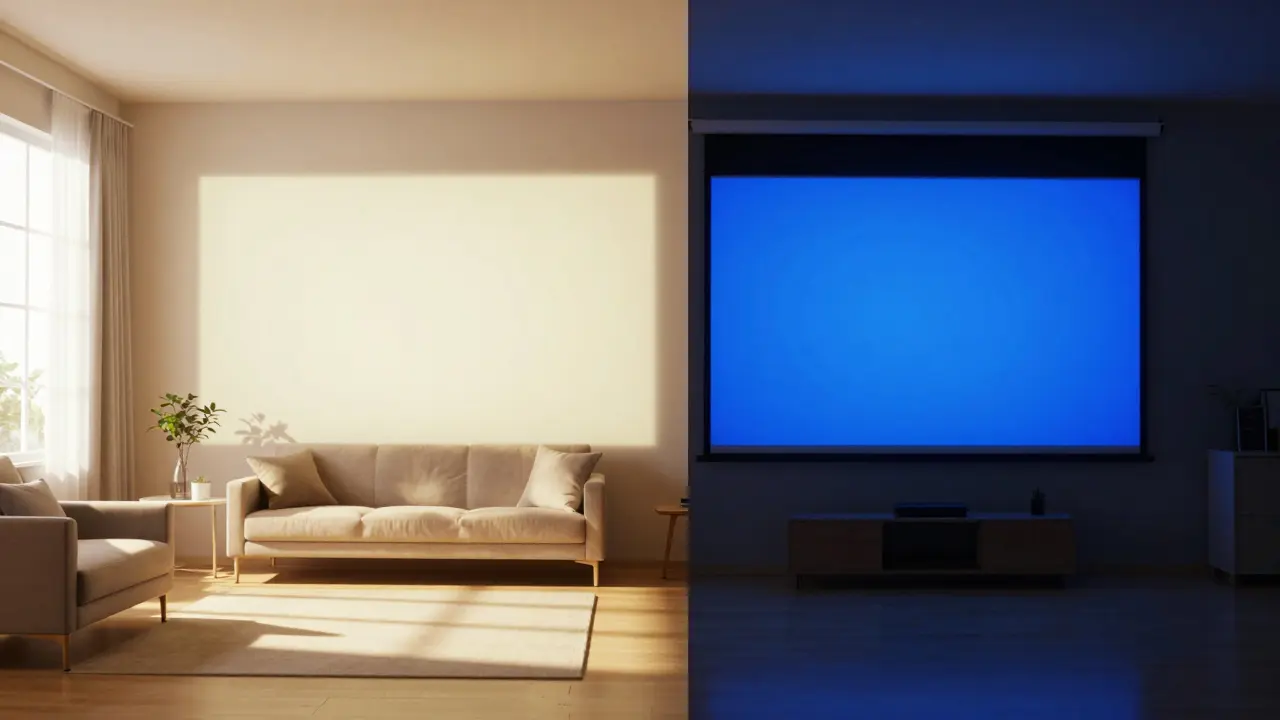 Vergleich zwischen einem blassen Projektionsbild bei Tageslicht und einer kontrastreichen ALR-Leinwand.