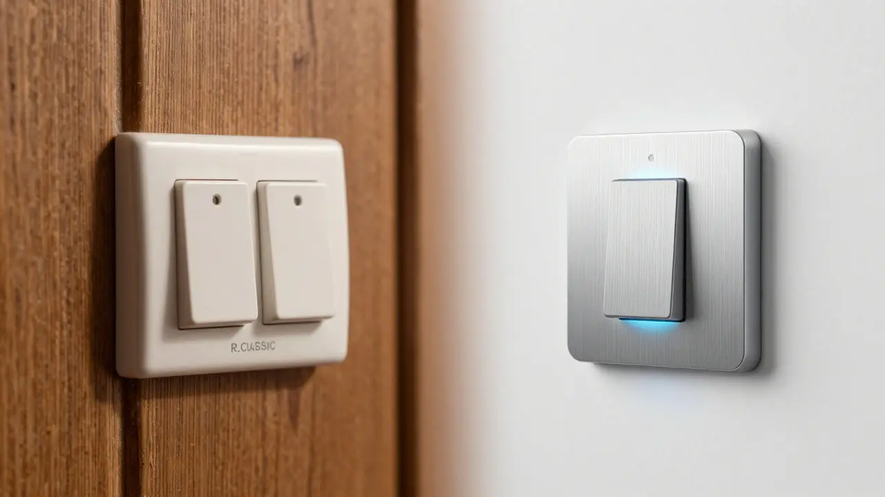 Vergleich zwischen einem klassischen runden Schalter und einem modernen Alu-Touchsensor.