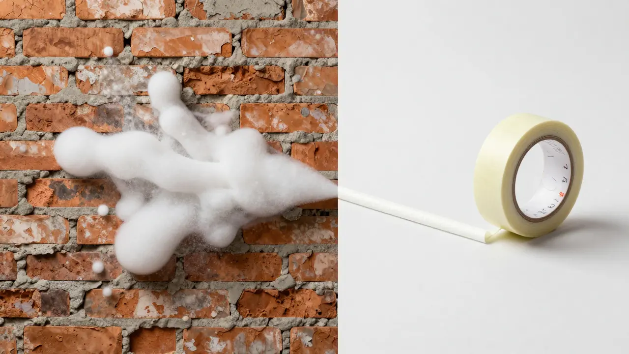 Vergleich zwischen flexiblem Montageschaum in einer Altbauwand und einem präzisen Hybrid-Dichtsystem.