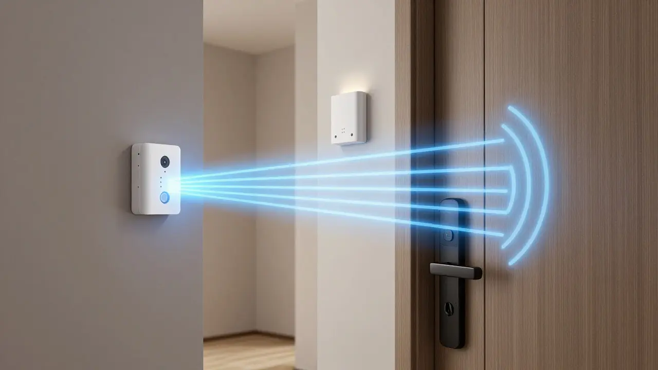 Visualisierung von Funkverbindungen zwischen Sensoren und Türöffnern in einem Flur.