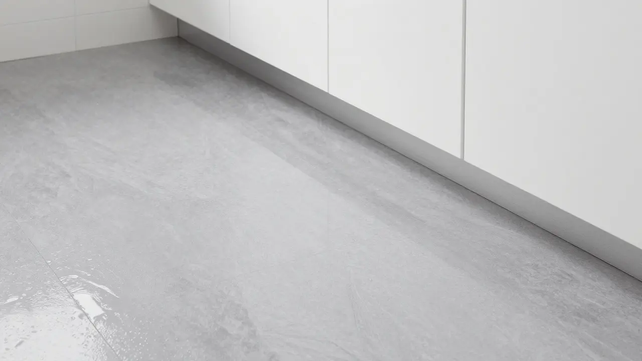 Wasserresistenter grauer Vinylboden in einem modernen Küchenbereich.