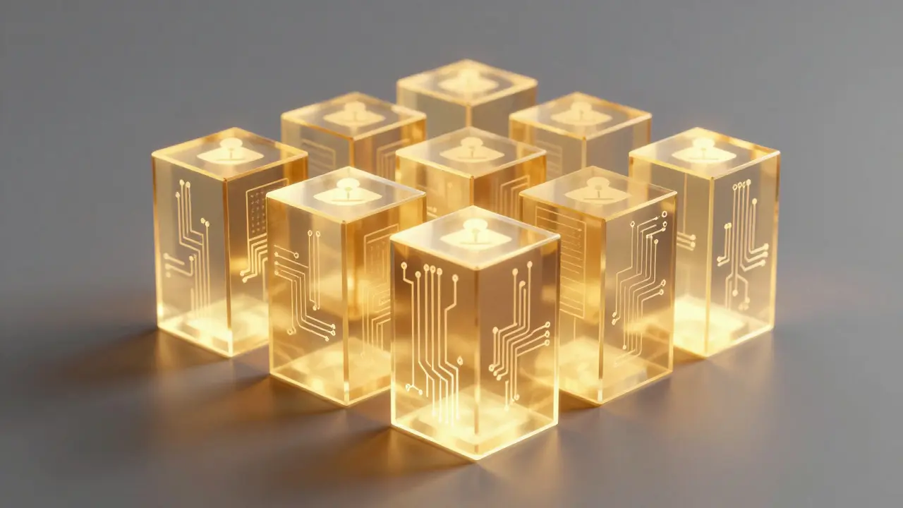 Abstrakte Darstellung von Blockchain-Blöcken für transparente Immobilientransaktionen