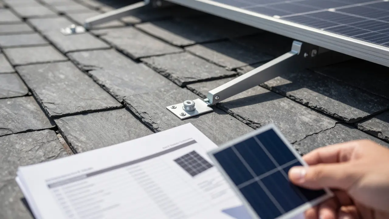 Detailaufnahme einer reversiblen Halterung für PV-Module auf Schieferdach
