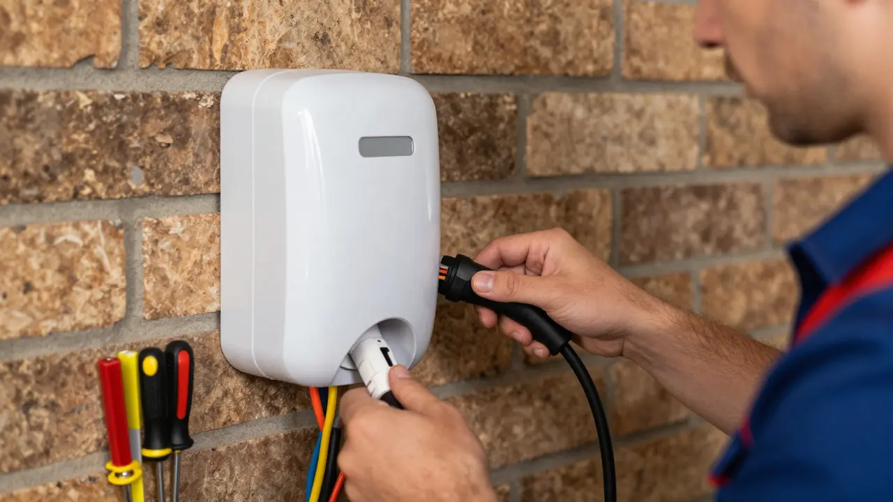 Elektriker installiert eine Wallbox in einer Wohnanlage