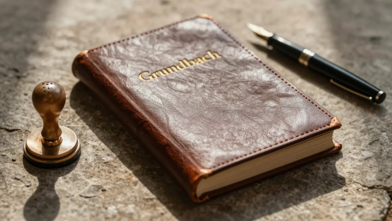 Grundbuch und Stempel auf steinerner Oberfläche