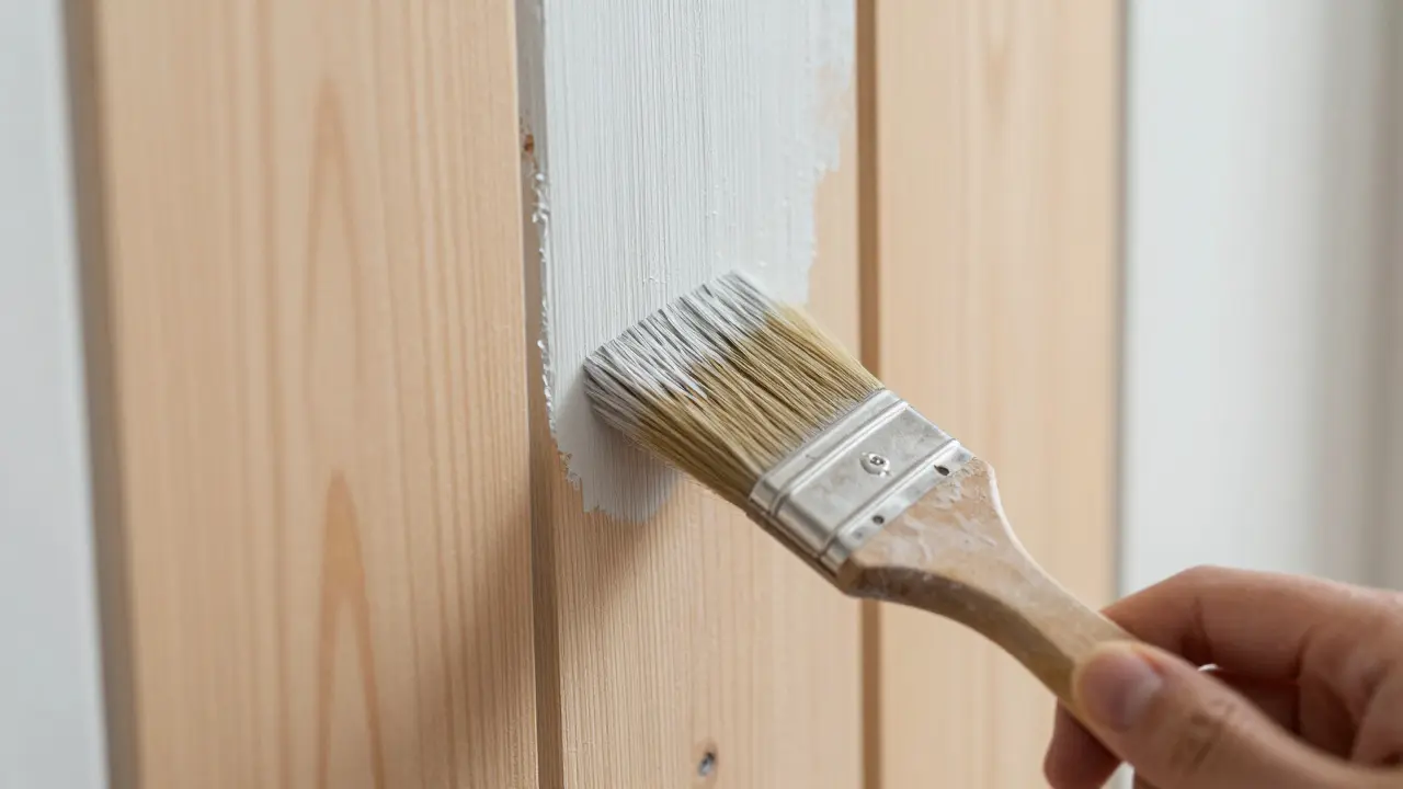 Hand streicht Kreidefarbe auf neue Wandverkleidung aus Holz