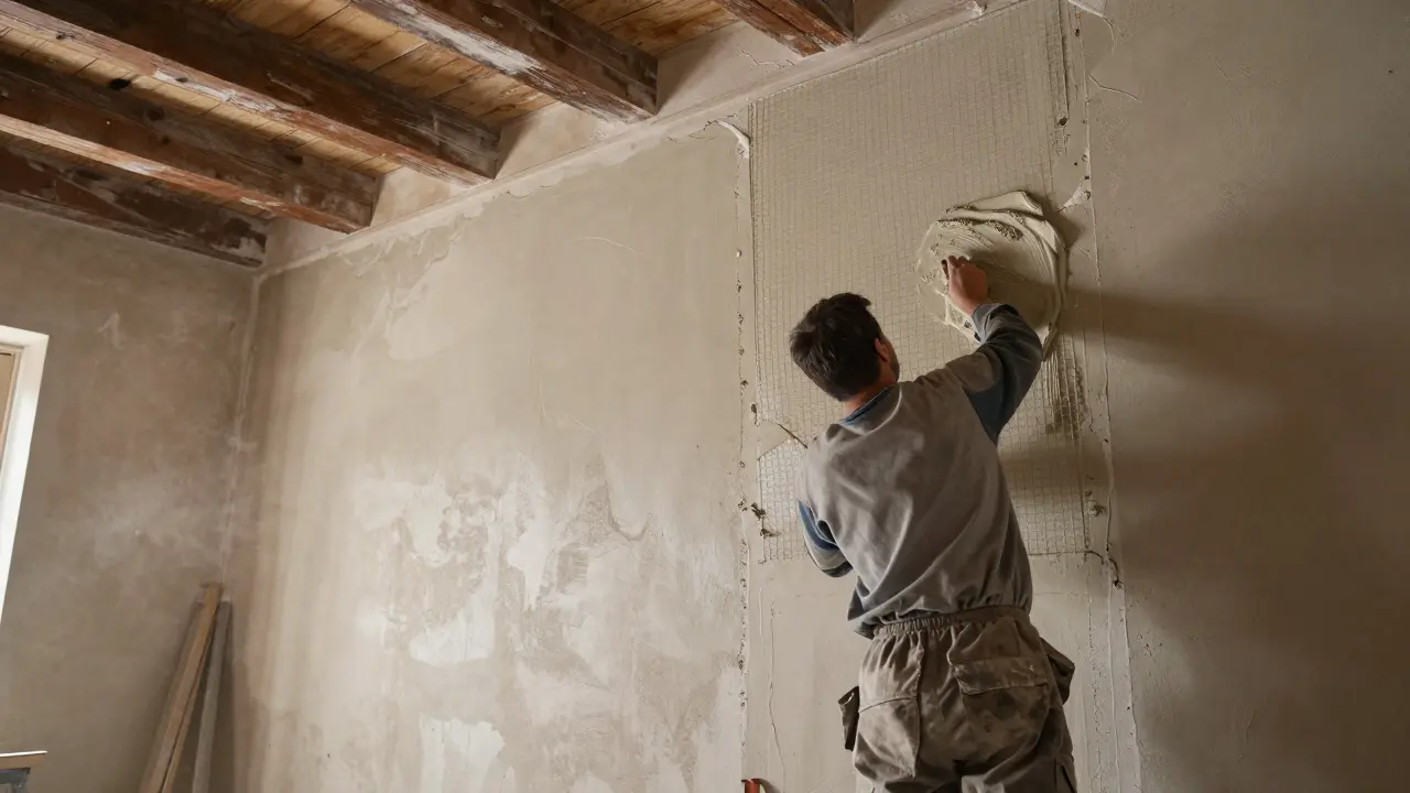 Handwerker trägt Kalkputz auf gedämmte Altbaufassade auf