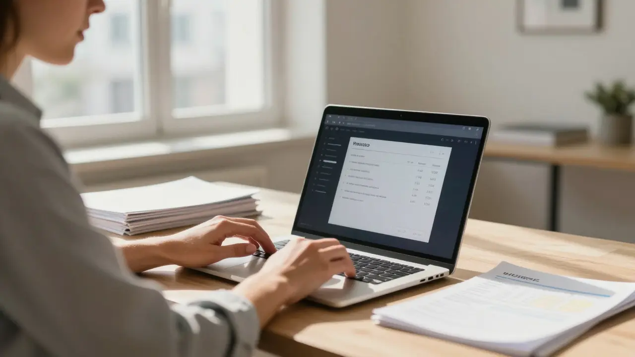 Moderne Büroumgebung mit Laptop und Rechnungen zur digitalen Abrechnung.