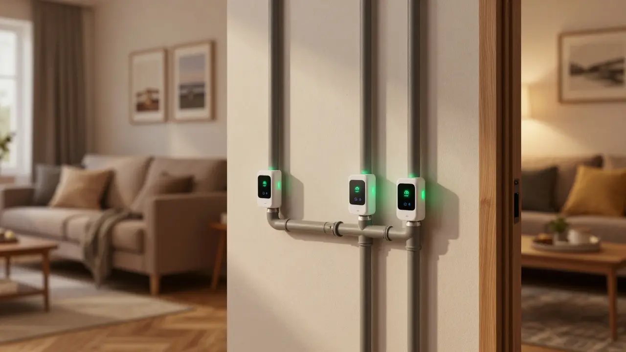 Moderner Wohnraum mit isolierten Rohren und grünen Smart-Wassersensoren