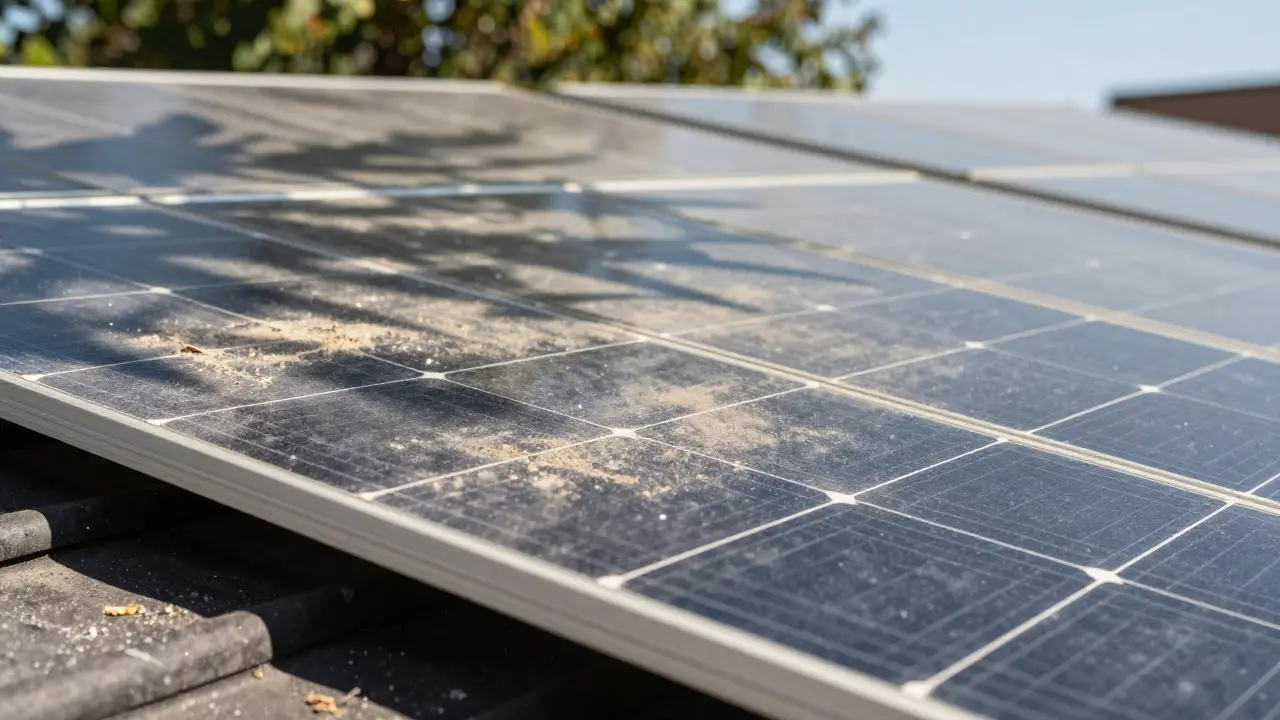 Nahaufnahme verschmutzter und beschatteter Solarmodule auf einem Dach