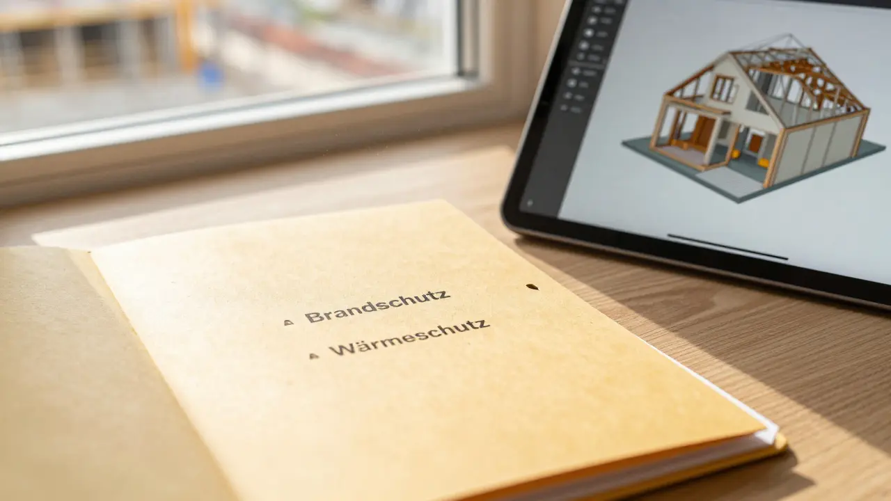 Ordner mit Bauplänen und Tablet mit 3D-Modell auf Schreibtisch