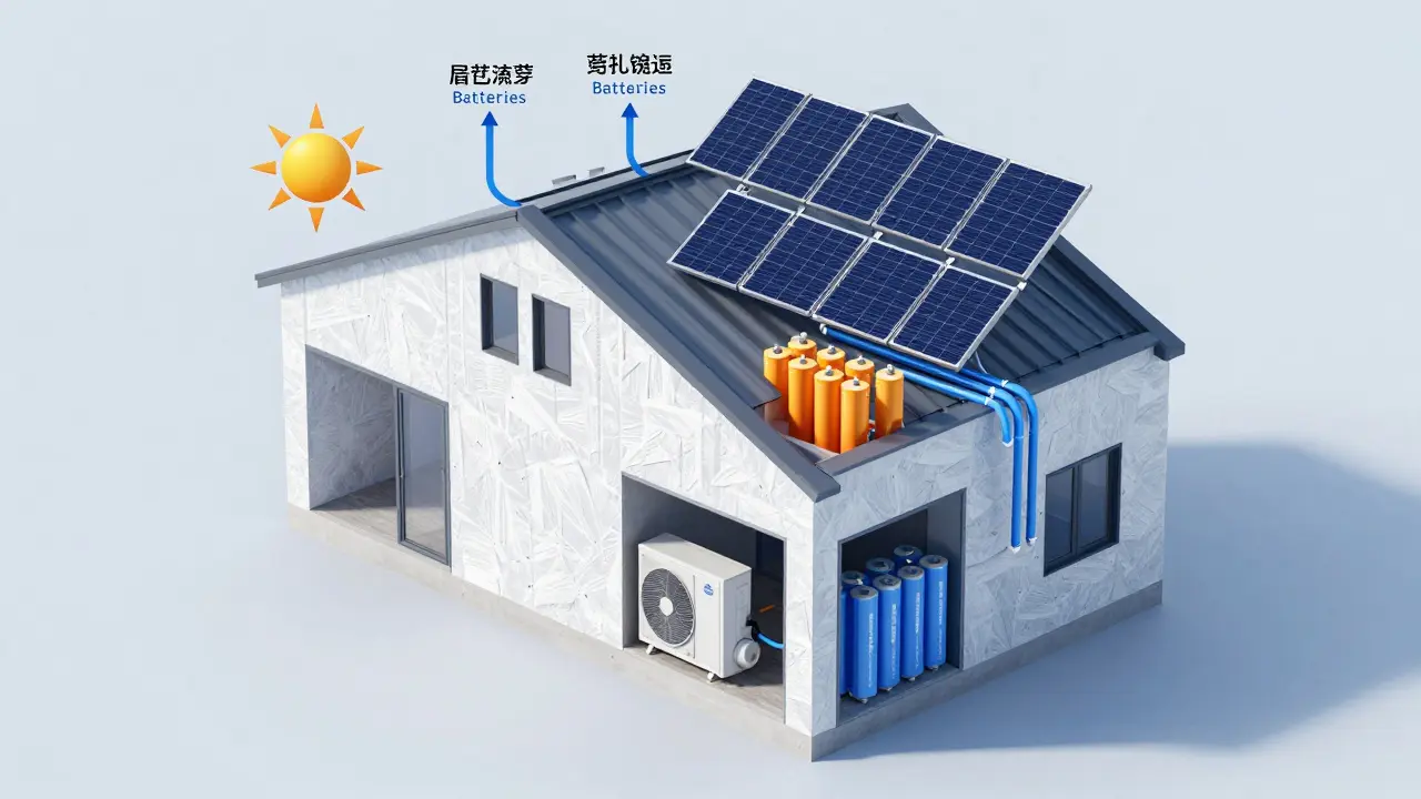 Querschnitt eines Hauses, der Wärmepumpe, Batteriespeicher und Solartechnik visualisiert