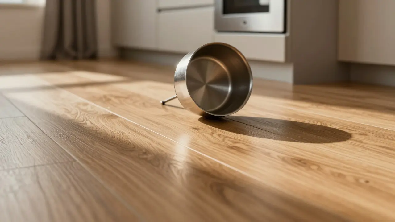 Robuster Vinylboden in der Küche nach einem fallenden Topf ohne Schäden