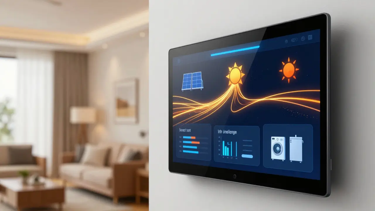 Smart-Home-Display zeigt Energiefluss von Solarstrom zur Heizung und Geräten.