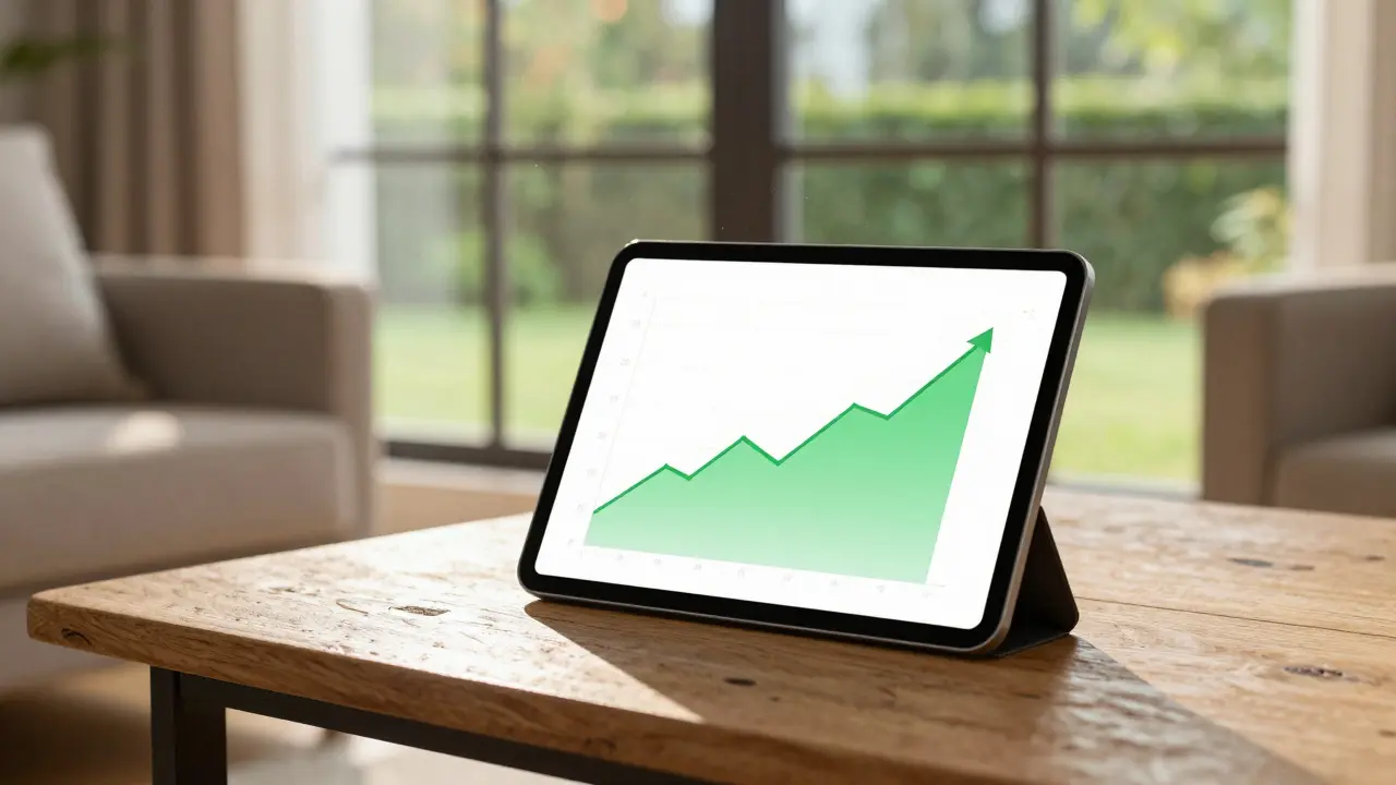 Tablet mit Spar-Grafik auf Couchtisch im sonnigen Wohnzimmer, Fokus auf Finanzplanung