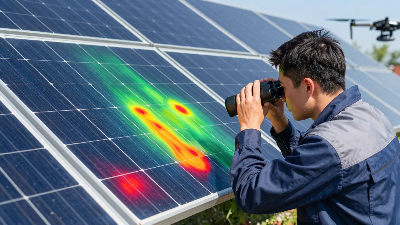 Techniker führt Thermografie-Prüfung an Solaranlage durch