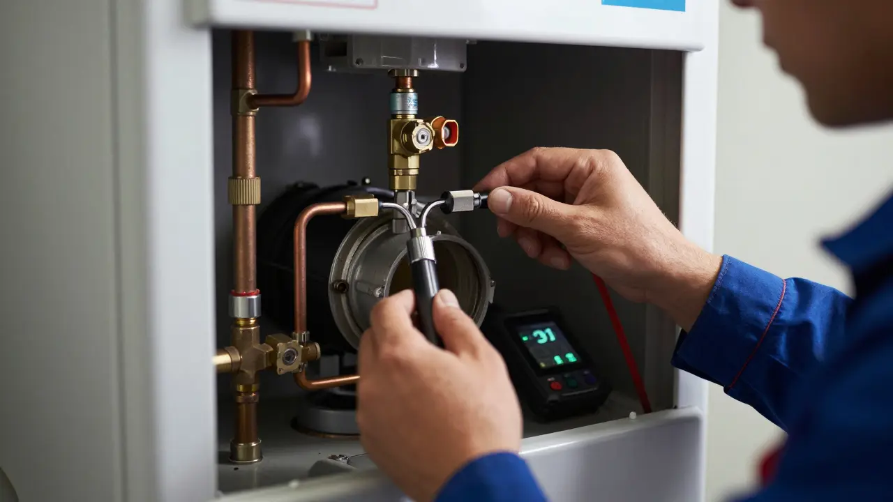 Techniker führt Wartung an einem Gas-Brennwertkessel durch