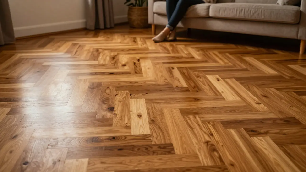 Warmes Parkett im Wohnzimmer bei abendlichem Licht für Gemütlichkeit