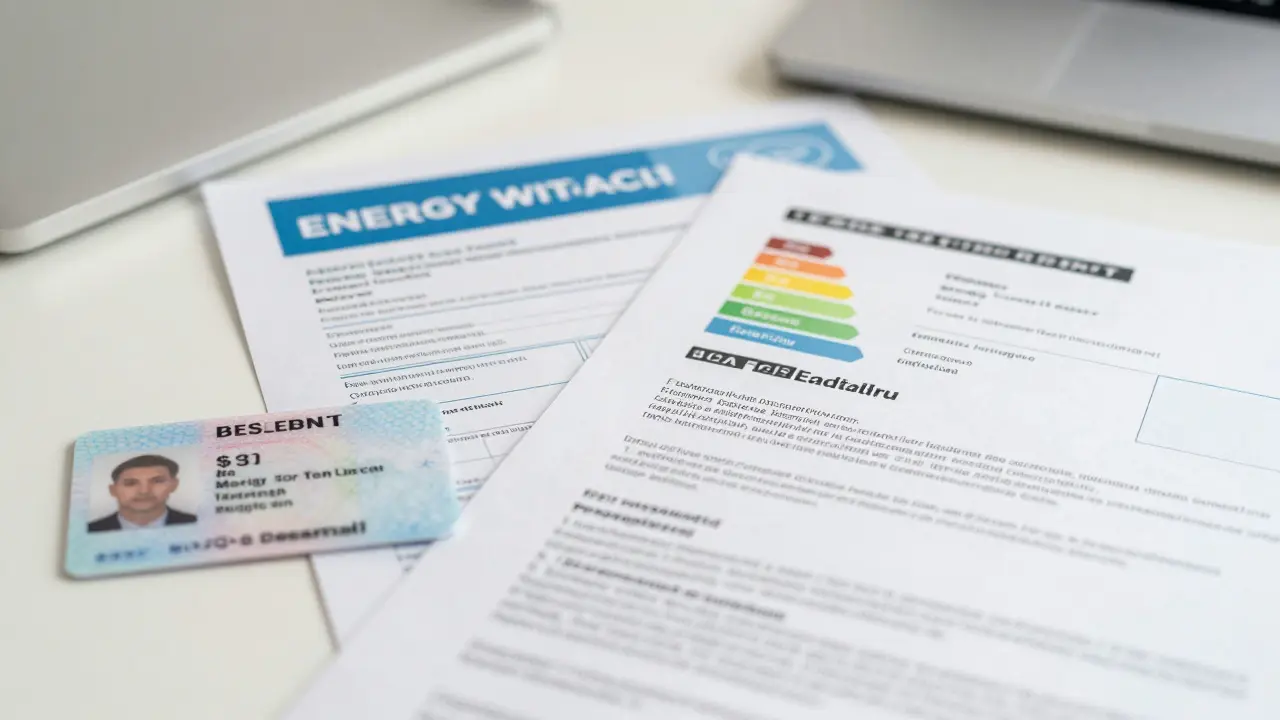 Wichtige Unterlagen wie Energieausweis und Grundbuch auf dem Tisch