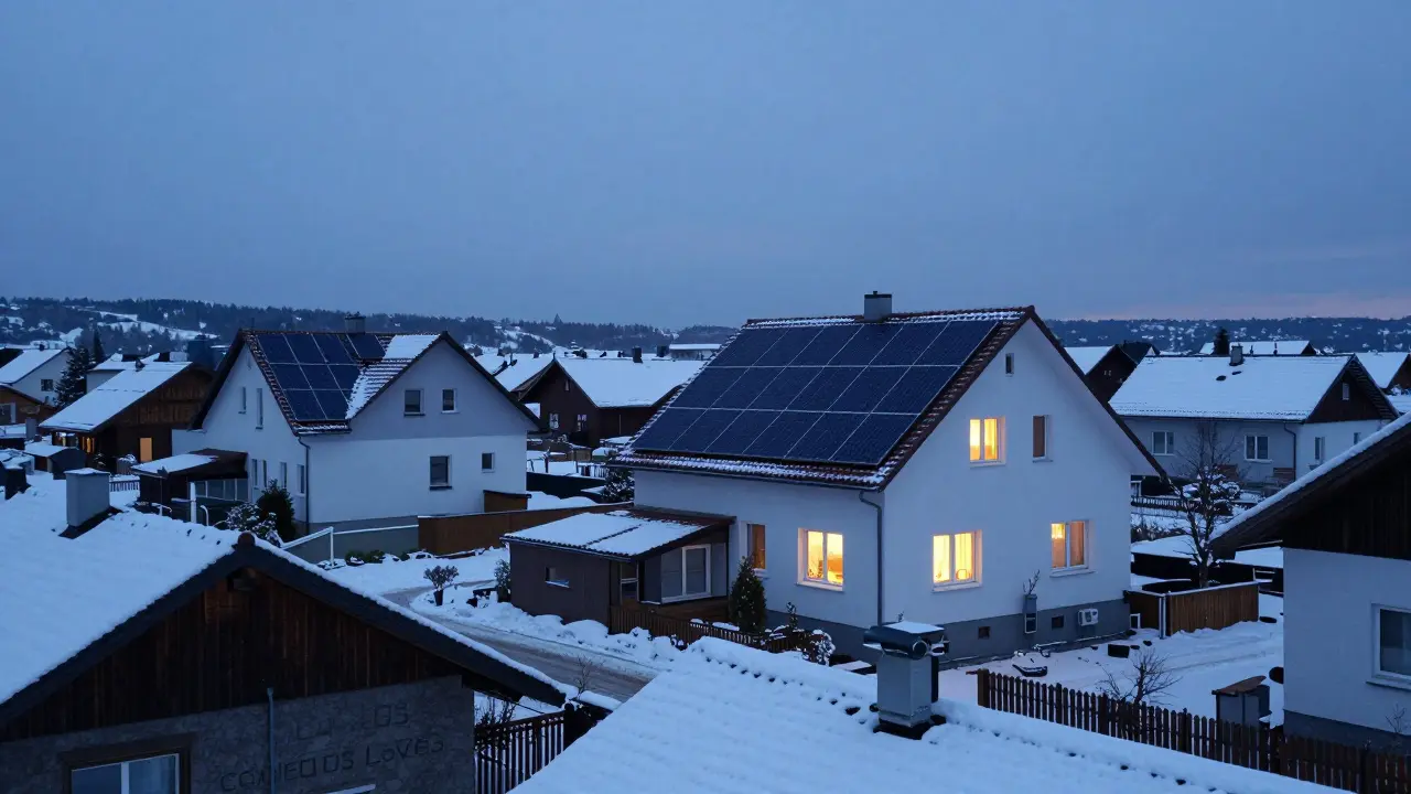 Wohngebiet im Winterabend mit Häusern, die durch Photovoltaik effizient geheizt werden.