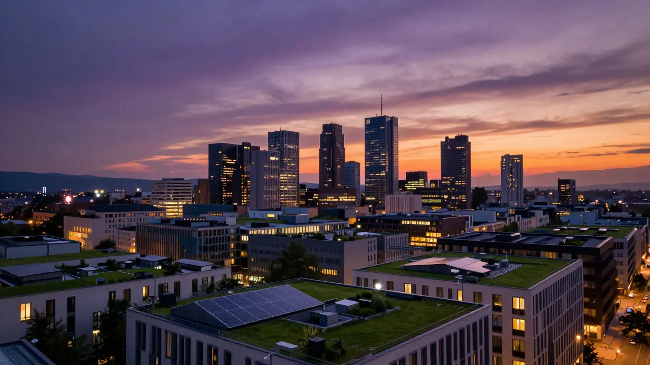 Zukunftsstadt mit begrünten Dächern und Solarpanels