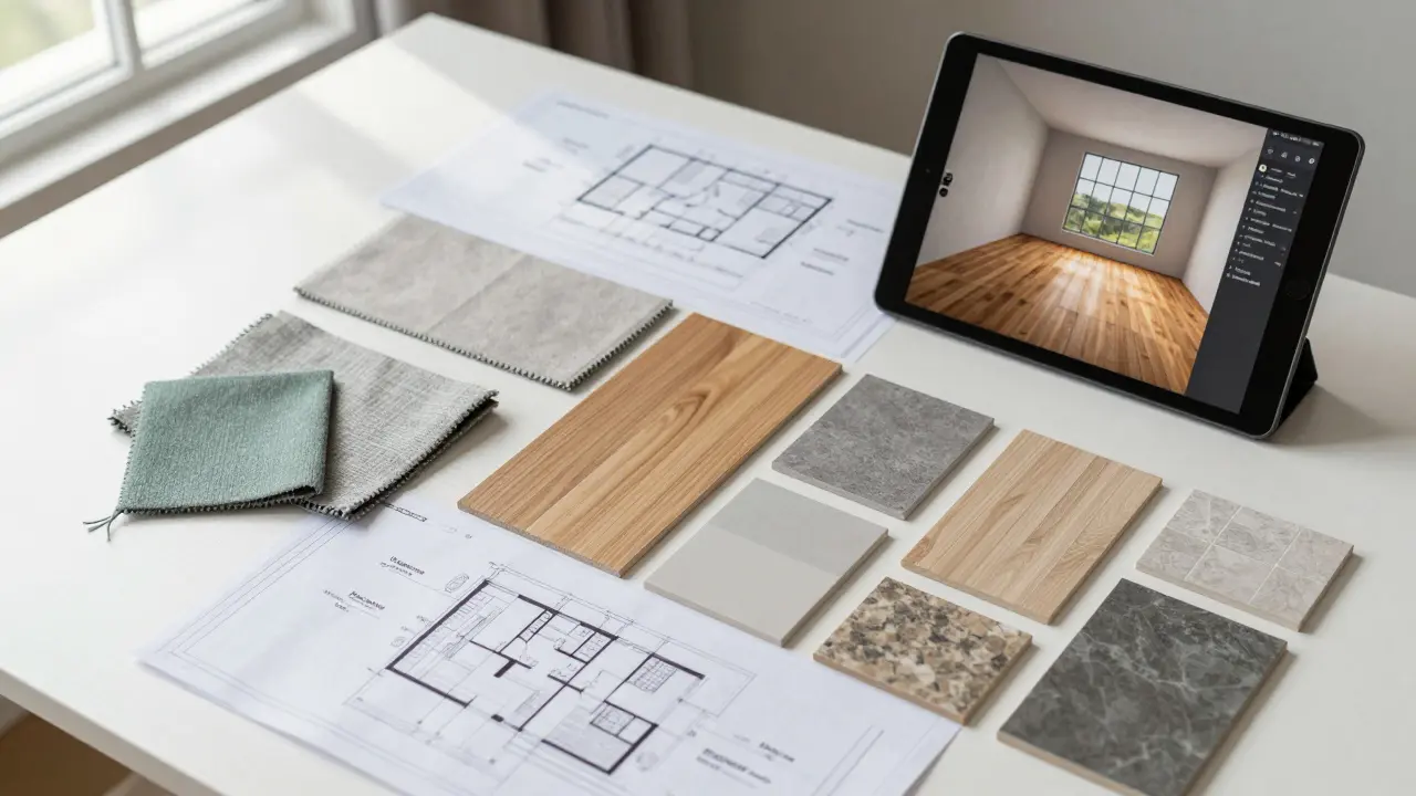 Design-Tisch mit Masterplan, Moodboard und Materialproben für einheitliches Konzept