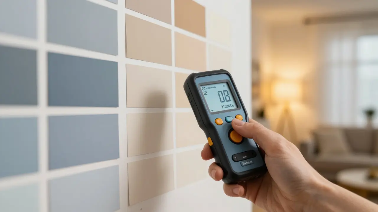 Farbproben an der Wand mit Luxmeter bei künstlichem Licht