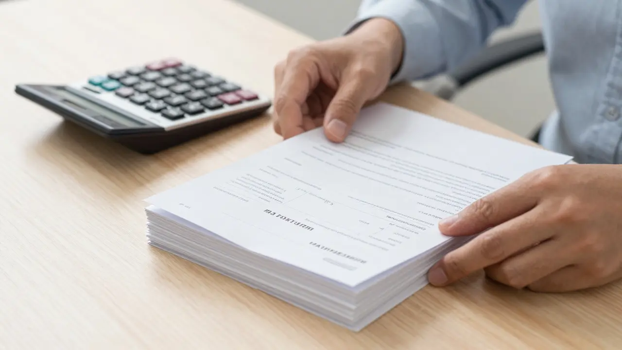 Hände sortieren Rechnungen und Dokumente auf einem Tisch zur Kostenminderung bei Immobilienverkauf