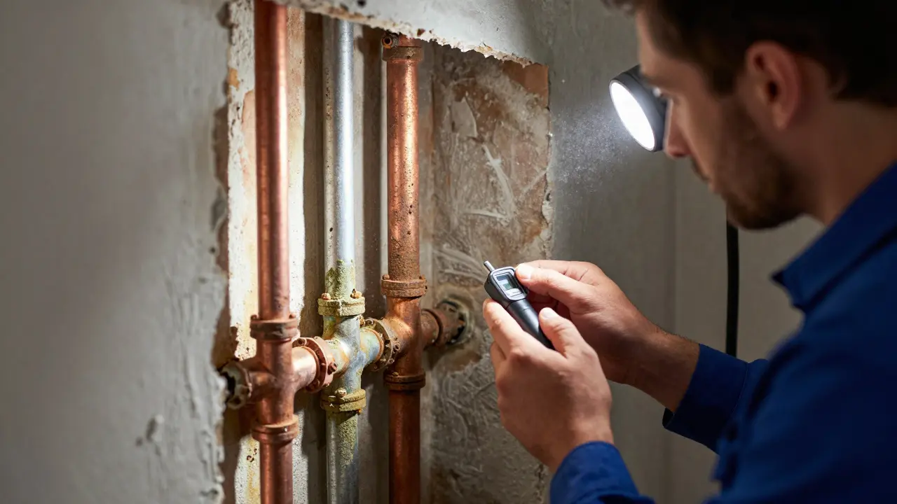 Handwerker prüft korrodierte alte Kupferrohre hinter der Wand