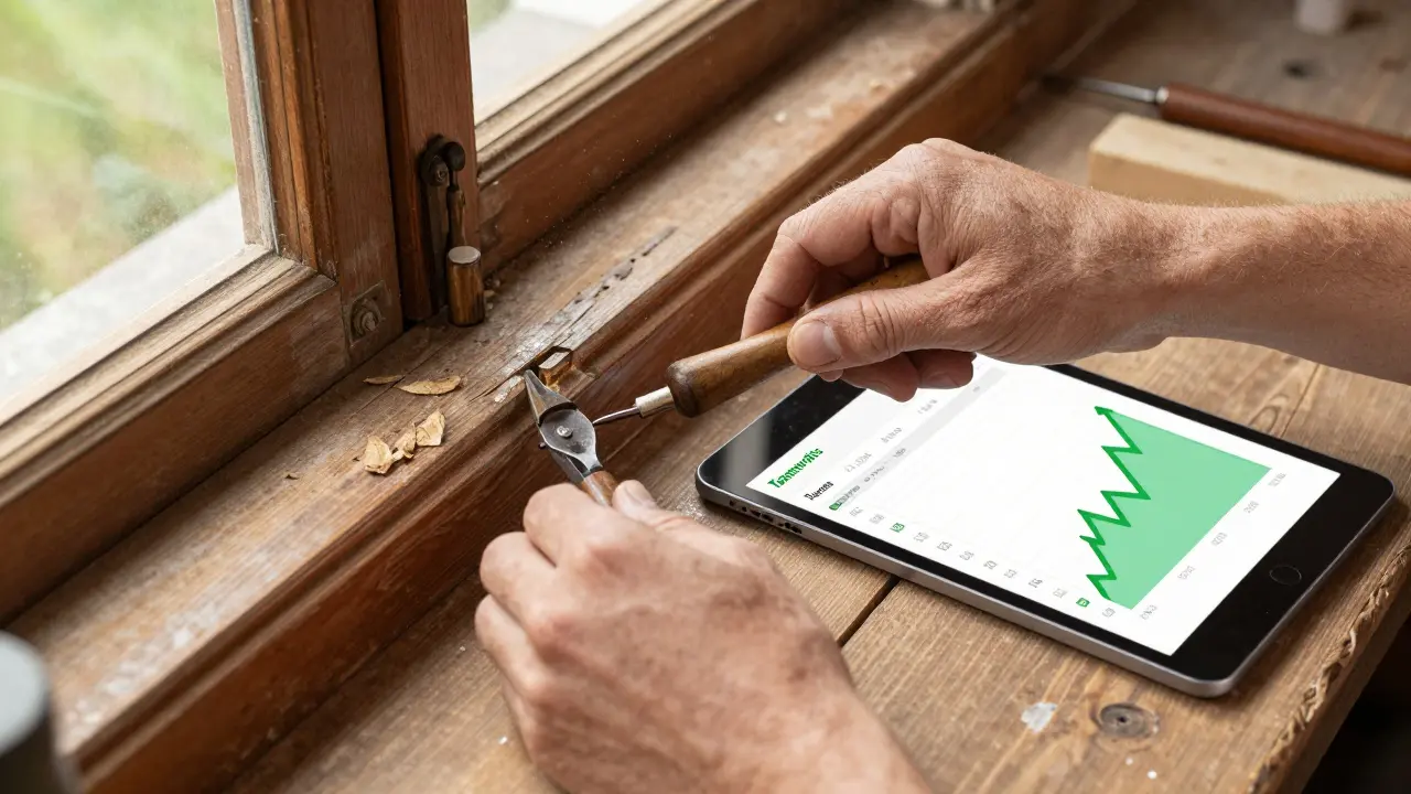 Handwerker restauriert altes Fenster neben Finanzdiagramm auf Tablet