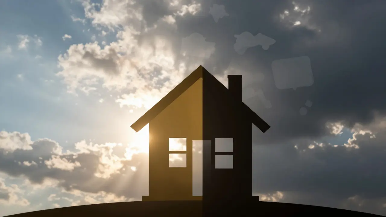 Haus-Silhouette vor halb klarem, halb stürmischem Himmel, das politische Unsicherheit darstellt