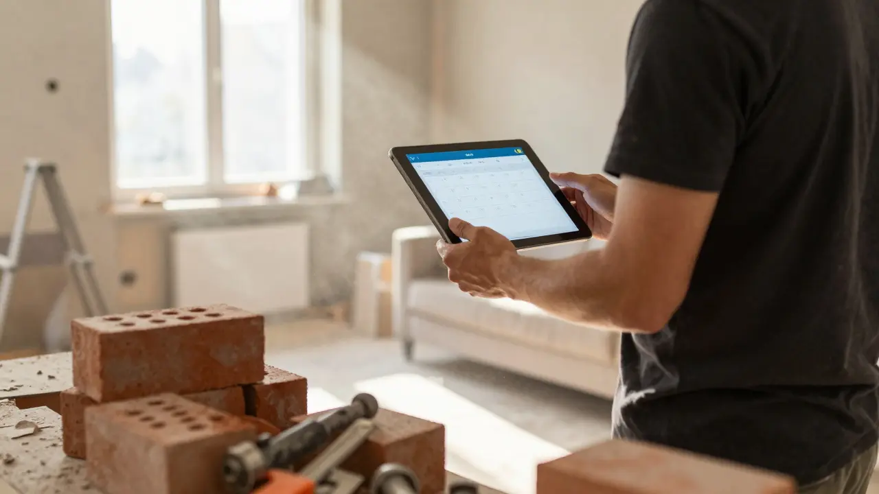 Hausbesitzer prüft Zahlungen auf Tablet während Renovierung