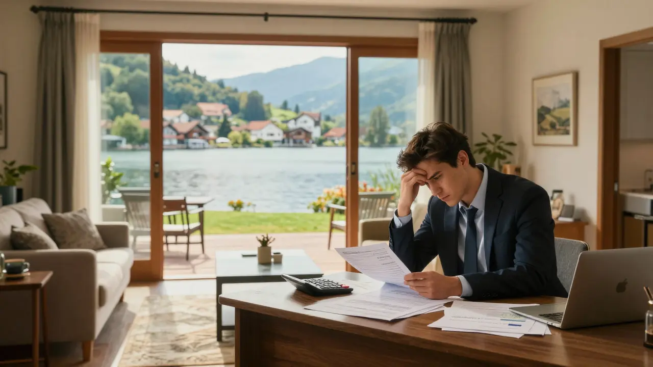 Junge Berufstätige berechnet Kosten ihrer zweiten Wohnung am Schreibtisch