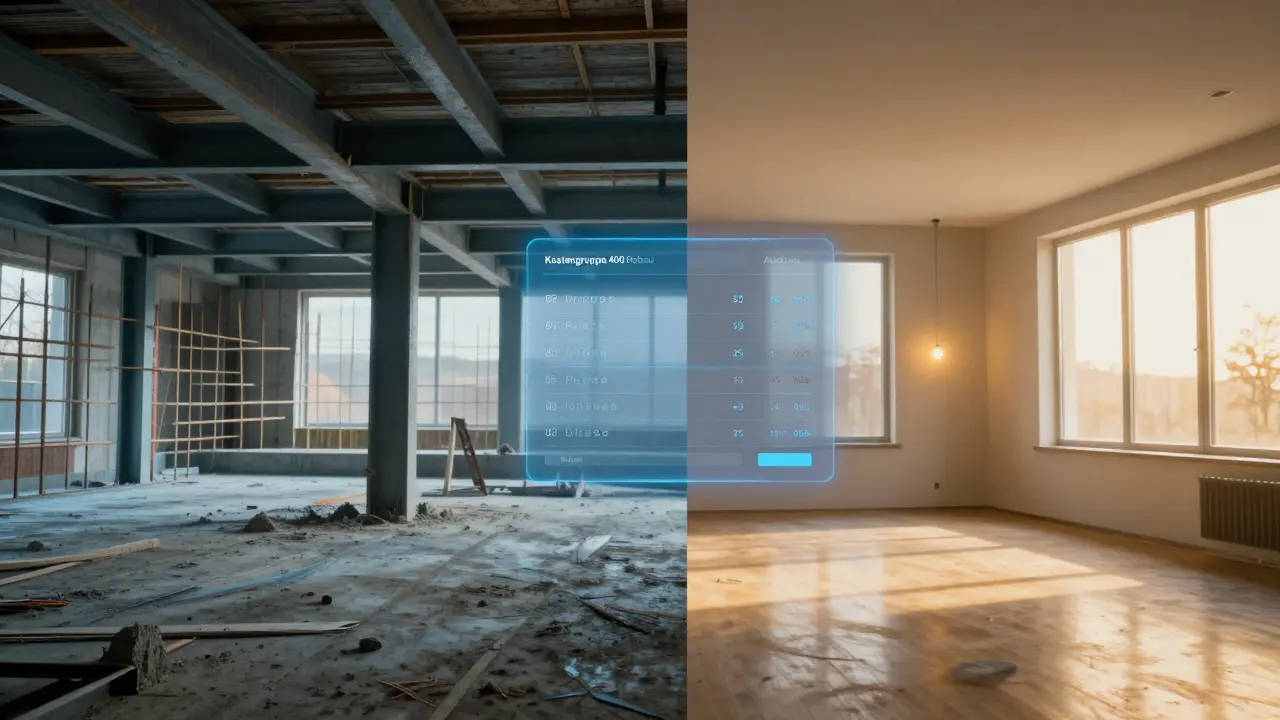Kontrast zwischen Rohbau und fertiger Innenausstattung bei der Baukostenplanung