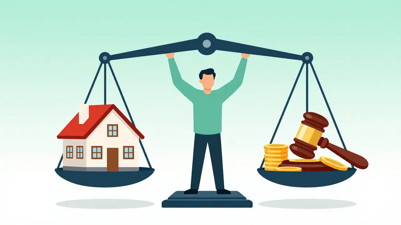 Konzeptillustration: Waage zwischen Haus und Geld mit Mediator