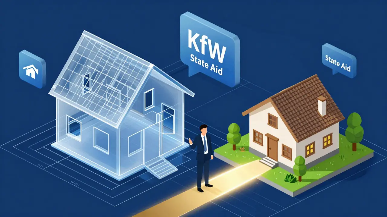 Konzeptionelle Illustration der Kombination von KfW- und Landesförderprogrammen für Immobilien