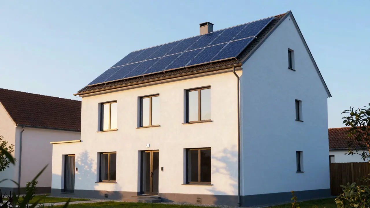 Modernisiertes energiesparendes Haus mit Dämmung und Solarpanelen im Sonnenlicht