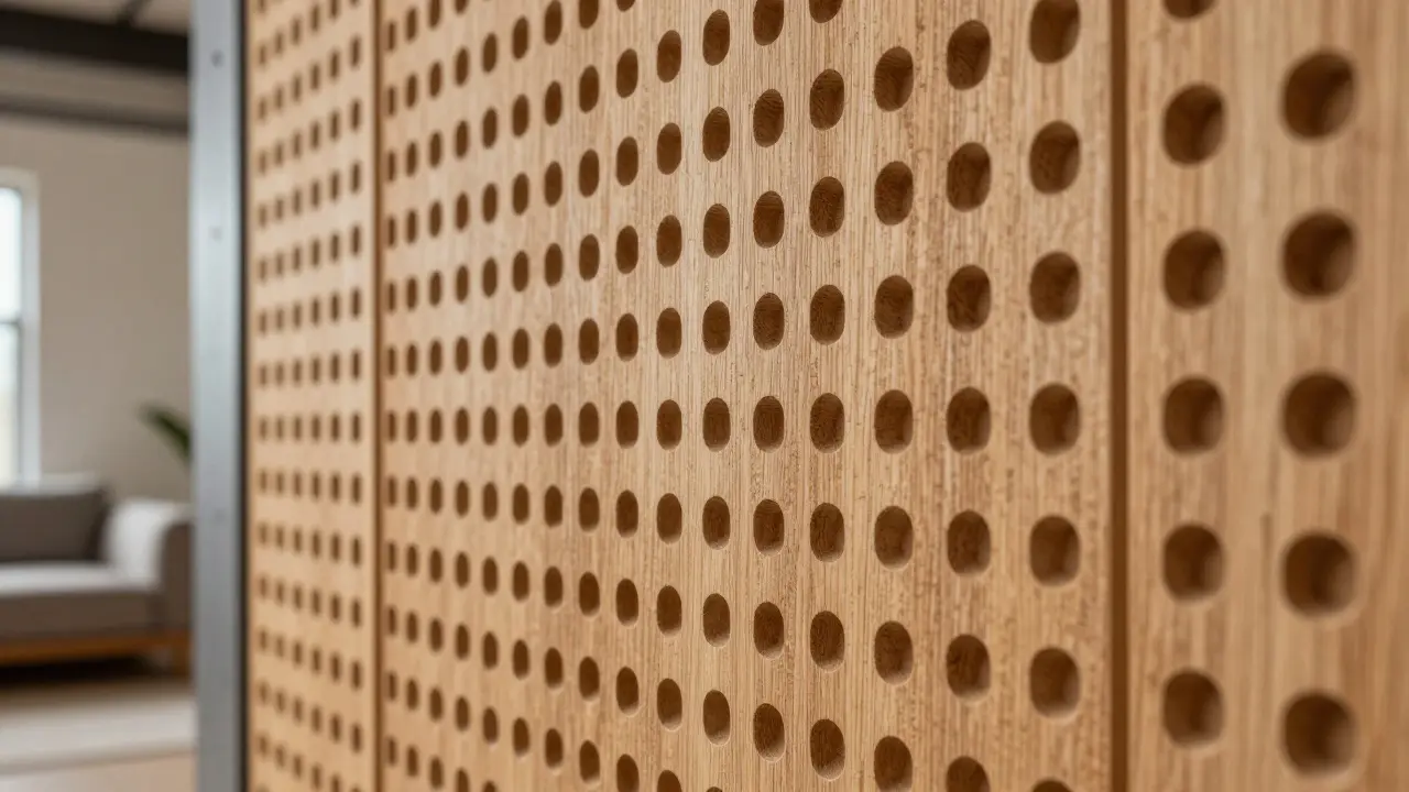 Perforierte Holz-Akustikpaneele an einer Wand im Loft