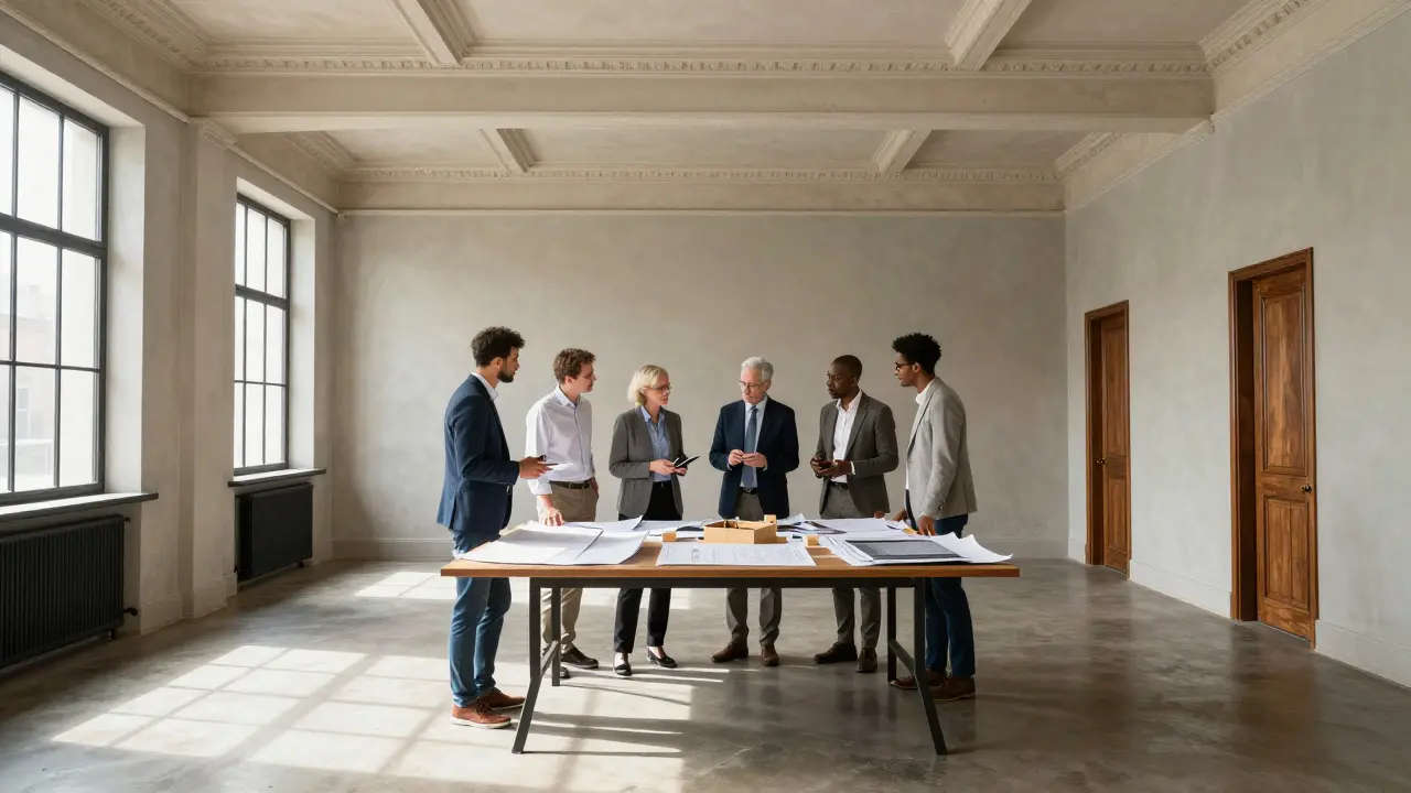 Team diskutiert Denkmal-Investition an einem Tisch mit Plänen