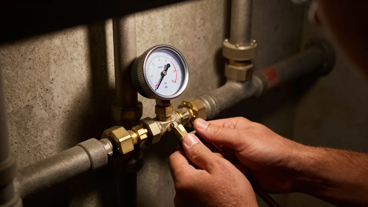 Techniker misst den Wasserdruck am Druckminderer im Keller eines Hauses